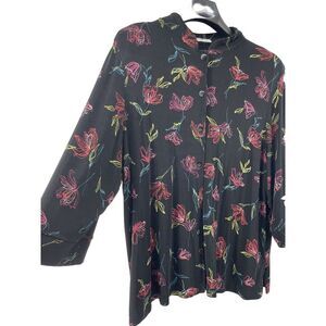 Vikki Vi Button Up Top Women's 3X*Artsy Tunic Boho Lagenlook Black Floral Slinky